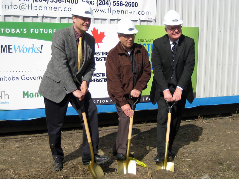Submitted photo
Brandon East NDP MLA Drew Caldwell, Centennial Housing Corporation chair Herb Manser and Brandon-Souris Conservative MP Merv Tweed turn sod for the Virden Bolton Bay Senior Condo.