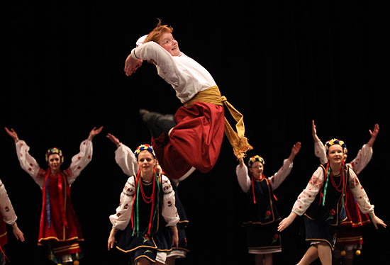 Tim Smith/Brandon Sun
Ian Lindal of the Fisher Branch Chaika Dance Club leaps in the air during a performance at the 2010 Steppes to Ukraine dance competition hosted by the Brandon Troyanda School of Ukrainian Dance at the Western Manitoba Centennial Auditorium on Sunday.