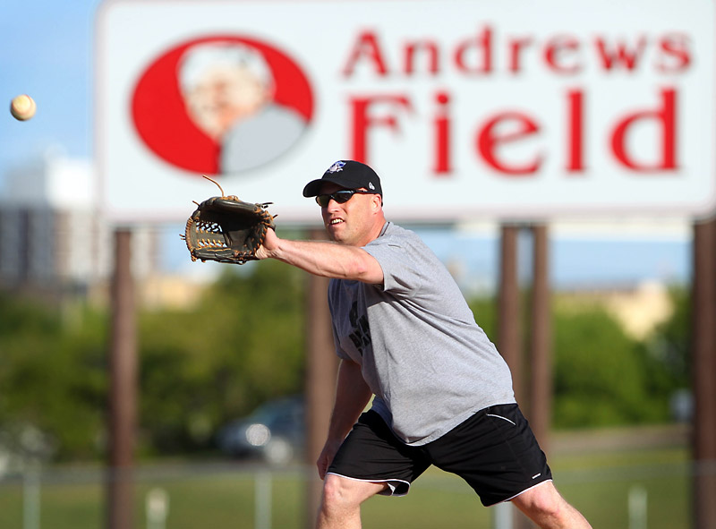 Colin Corneau/Brandon Sun
Dean McBride makes a catch as the Brandon Senior AA all-stars practise Wednesday evening at Andrews Field. The team is preparing to host the provincial Senior AA all-star baseball championship, which runs Friday through Sunday.