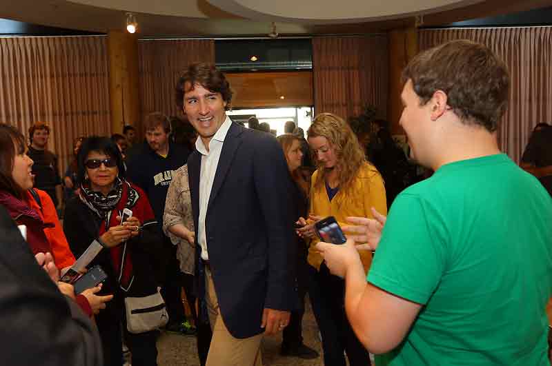 Bruce Bumstead/Brandon Sun
Federal Liberal Leader Justin Trudeau laughs at a joke after a public town hall meeting at Brandon University last month. He'll be back in Brandon following the local Liberal nomination meeting.
