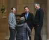 Ruth Bonneville / Winnipeg Free Press
A passerby congratulates newly elected Shannon Martin, left, and Doyle Piwniuk, centre, at the legislature this morning. They were immediately given shadow cabinet jobs by Tory Leader Brian Pallister.