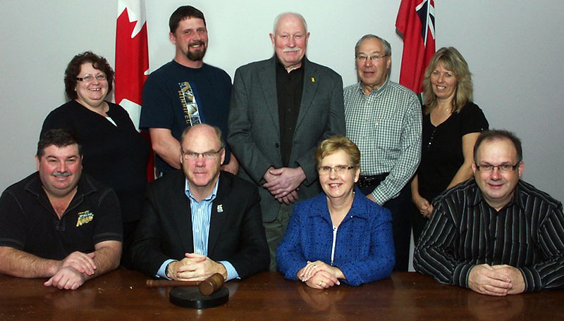 Submitted
All six councillors from the RM of Cornwallis are running in the 2014 municipal election. A total of nine candidates are vying for four positions. Back Row: RM CAO Donna Anderson, Ward Greer, Kurt Wasserberg, Emil Egert, RM administrator Shelley Livingstone. Front Row: Bob Brown, Reeve Reg Atkinson, who is not running in 2014, Heather Dalgleish, who is reeve-elect after being acclaimed, and Sam Hofer.
