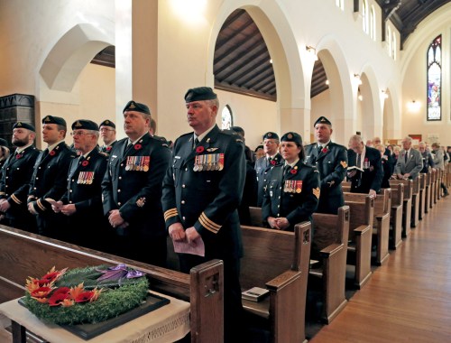 Colin Corneau/Brandon Sun
Members of the 26th Field Regiment and the XII Manitoba Dragoons are seen during a rededication ceremony for the 45th Battalion's colours, Sunday morning at St. Matthew's Cathedral. The service started off the church's Remembrance Sunday service.(Colin Corneau/Brandon Sun)