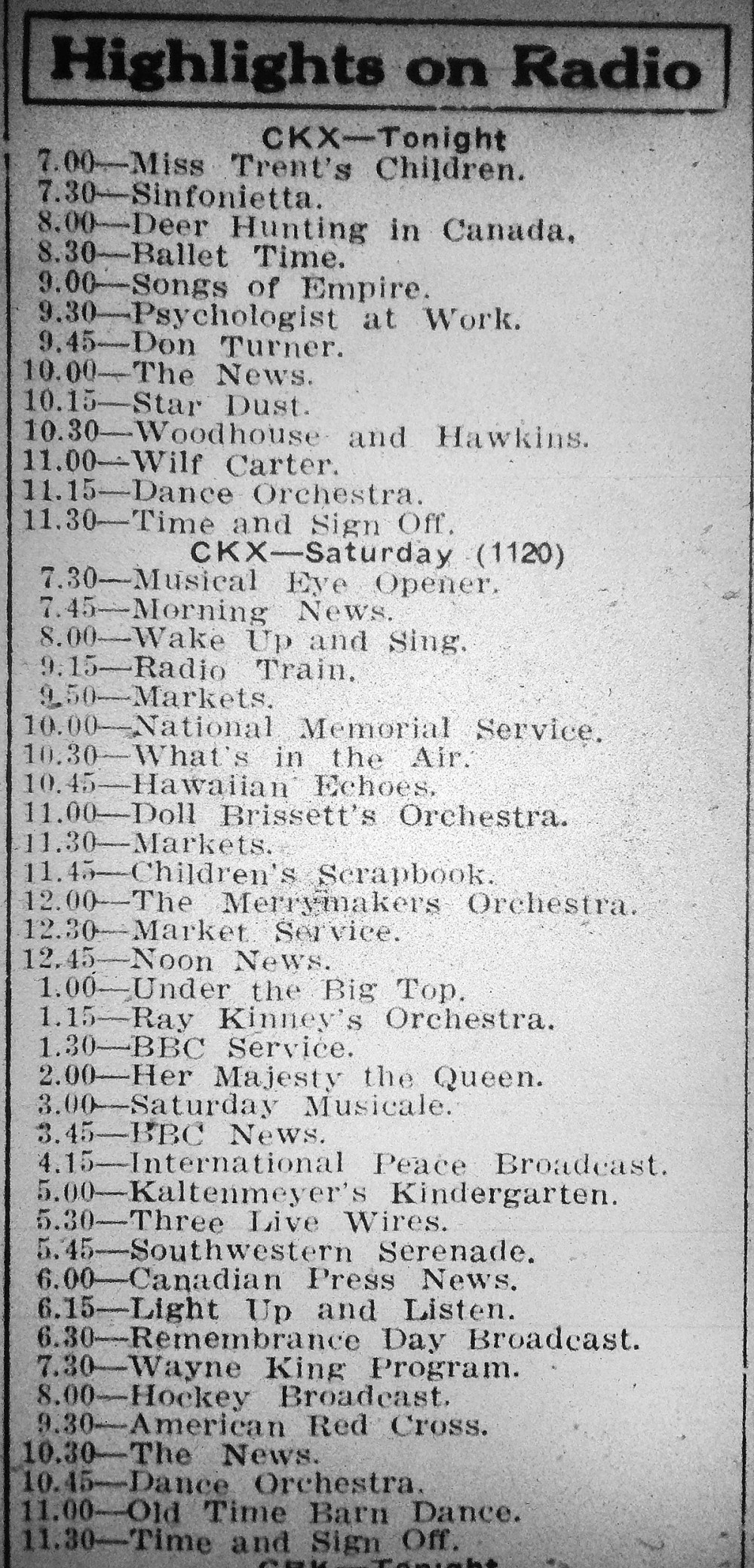 This was the order of the radio broadcasts on CKW for Remembrance Day, 1939.