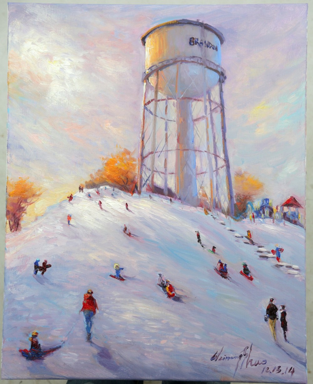 Colin Corneau/Brandon Sun
Painting by Weiming Zhao of Rideau Park and the landmark water tower. The painting, which graces the front page of Brandon Sun today, is up for auction with proceeds going to the Samaritan House. To submit a bid, email auction@brandonsun.com