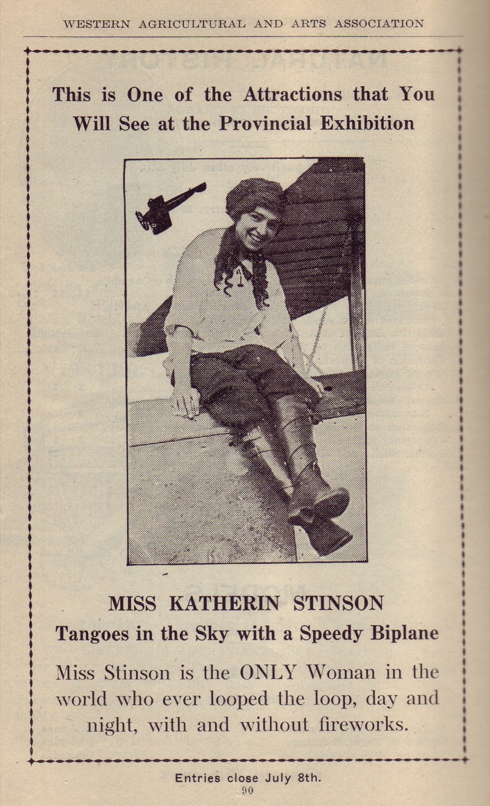 An advertisement for Katherine Stinson published in the 1916 Provincial Exhibition prize list. (SJ McKee Archives)