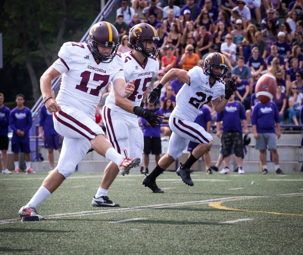 Brianna Thicke
Brandon's Keegan Treloar, left, kicks for the Concordia Stingers in a CIS football game this season. Treloar has wrapped up his final season of eligibility and will jump from the gridiron to the board room as he begins a career in sales and marketing.