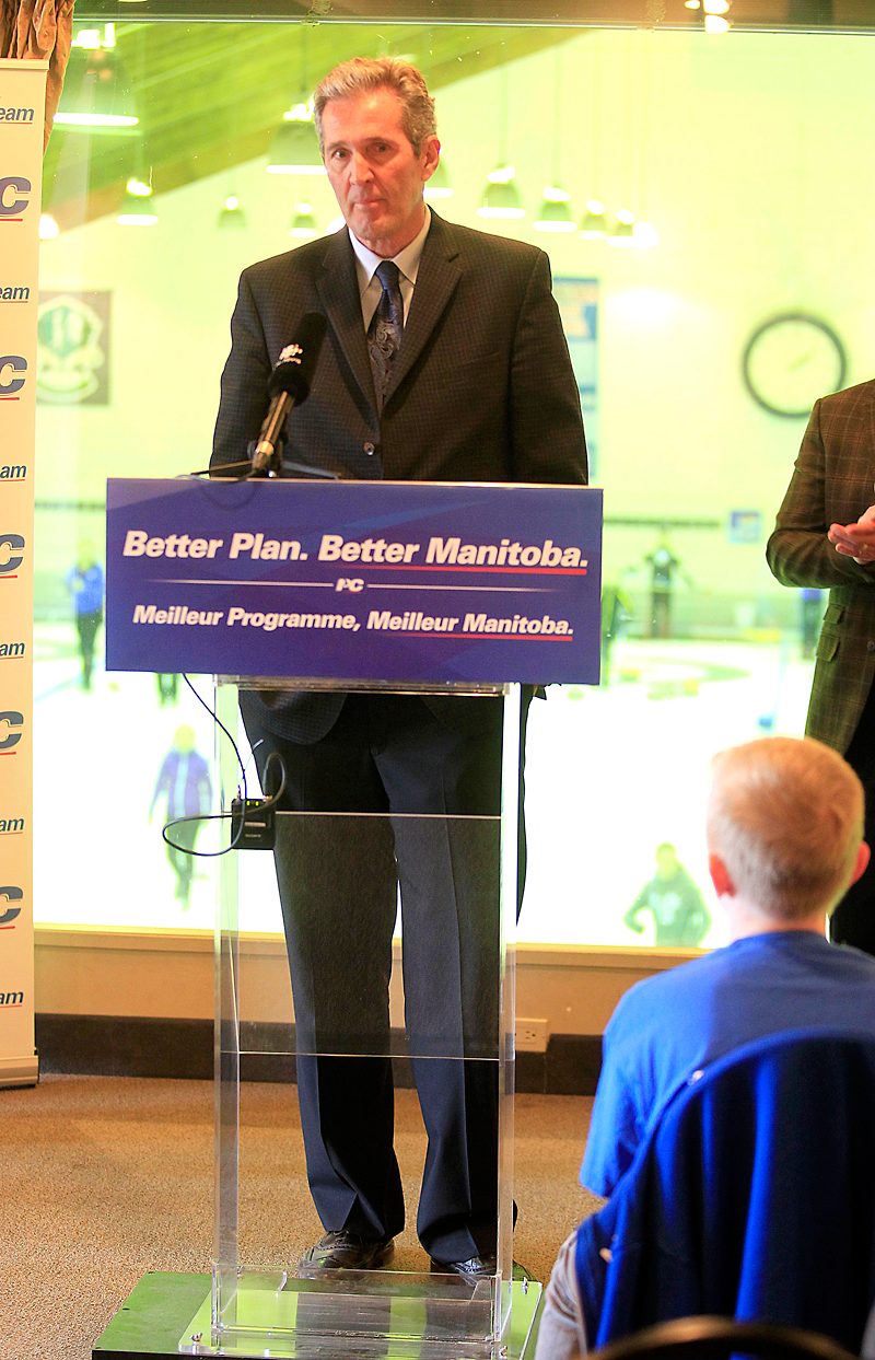 Phil Hossack/Winnipeg Free Press 
Progressive Conservative Leader Brian Pallister holds a press conference at the Rossmere Country Club in Winnipeg to announce that a Tory government would establish an international curling centre of excellence in the provincial capital.
