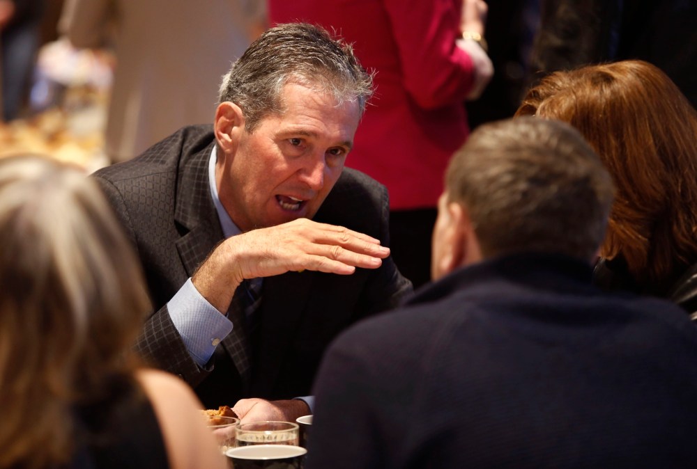 WAYNE GLOWACKI / WINNIPEG FREE PRESS
Progressive Conservative leader Brian Pallister chats with candidates and supporters prior to releasing his party's platform Friday morning at an event at the Smith Restaurant, Inn at the Forks.