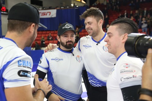 Colin Corneau/The Brandon Sun
Reid Carruthers (centre, left) joins teammates (from left) Derek Samagalski, Braeden Moskowy and Colin Hodgson after winning the men's final in the Canada Cup of Curling at Westman Place on Dec. 4. It was one of a number of highlights in the local sporting scene.