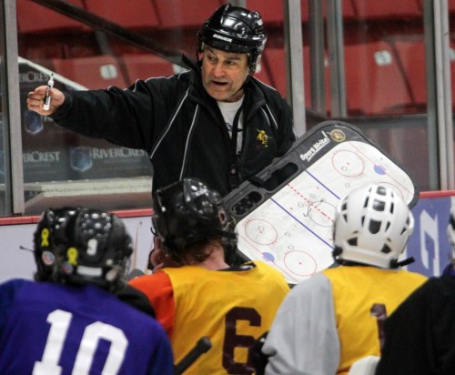 File
Longtime coach Peter Gerlinger is finally hanging up his whistle after coaching at all three Brandon high schools in the Westman High School Hockey League. He last coached at Crocus.