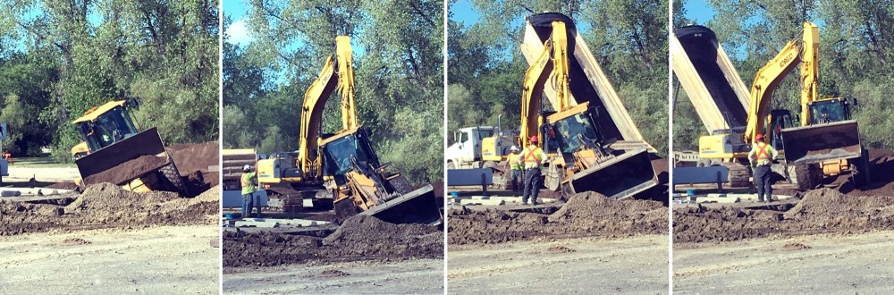 Leona Randall
A series of images show how a front-end loader that nearly tipped while operating at the water main installation project at the 34th Street and Victoria Avenue intersection was rescued by the operator of a backhoe on Tuesday evening.