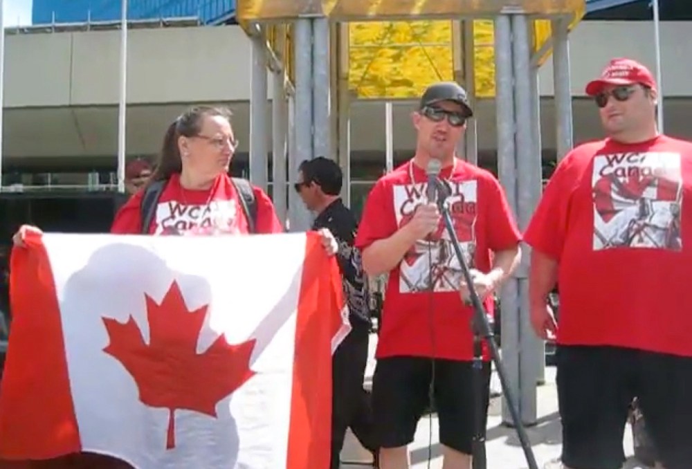 Submitted
Jesse Wielenga, centre, vice-president of the Worldwide Coalition Against Islam and a Brandon resident, speaks at a recent rally. He is joined by Joey De Luca, right, president of the group.