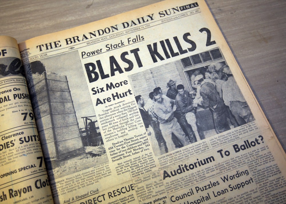 Matt Goerzen/The Brandon Sun
The front page of the Sept. 14, 1957, edition of The Brandon Daily Sun, the day after an explosion at the Manitoba Power Commission building that claimed the lives of two men.