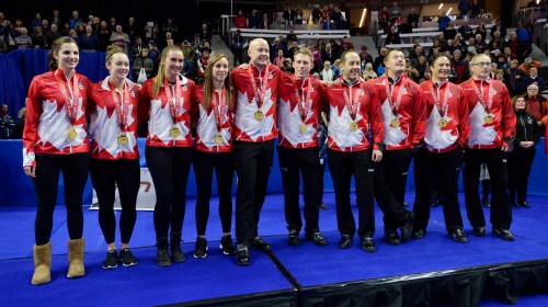 The Canadian Press
Team Homan and Team Koe pose with their new Olympic uniforms as they celebrate their wins at the 2017 Roar of the Rings Olympic Curling Trials in Ottawa on Sunday.