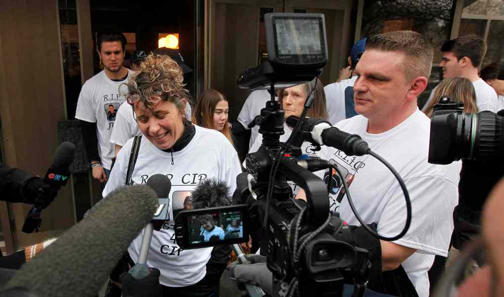 PHIL HOSSACK / WINNIPEG FREE PRESS
Cooper Nemeth's mom Gaylene and her husband Brent (right) face the media following the sentencing.