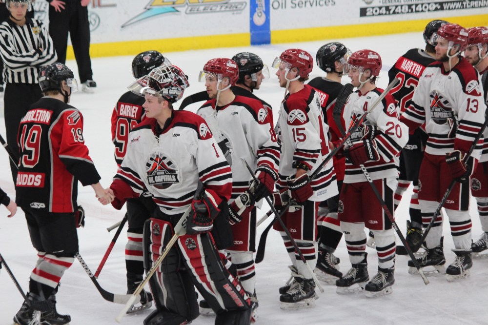 Nathan Liewicki/The Brandon Sun
Goaltender Riley McVeigh led the post-series handshake line for the Virden Oil Capitals after they eliminated the Selkirk Steelers with a 5-1 home win in Game 5 of their best-of-seven Manitoba Junior Hockey League quarter-final series at Tundra Oil & Gas Place on Saturday evening.