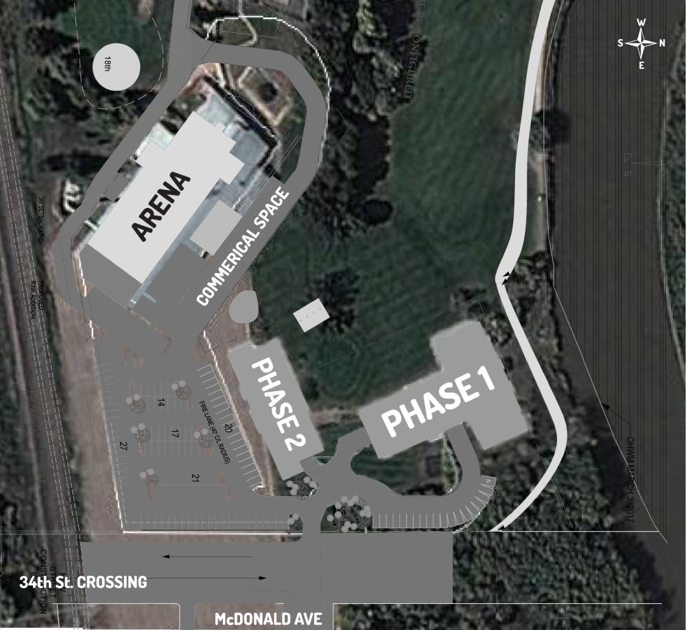 Riverside Lifestyle Estates
The proposed site plan for Riverside Lifestyle Estates includes a 44-unit condo building (Phase 1), a 24-unit condo building (Phase 2), as well as enhanced arena and commercial space.