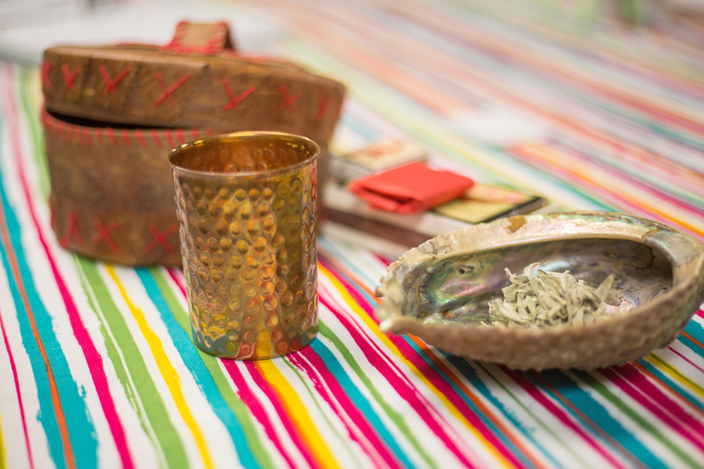The sacred tools for smudging and water ceremony are laid out for the monthly Indigenous Birth Workers meeting. (Chelsea Kemp/The Brandon Sun)
