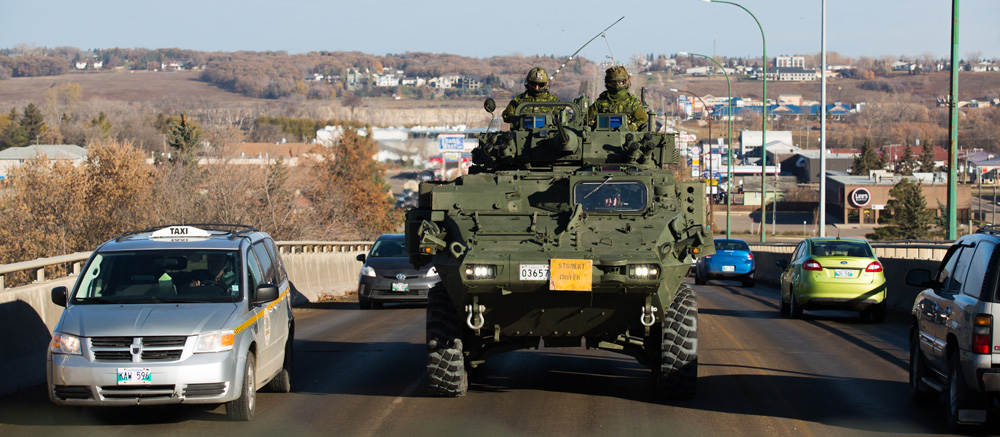 Soldiers practice driving a light armoured vehicle 6 during military student driver training on Wednesday. (Chelsea Kemp/The Brandon Sun)
