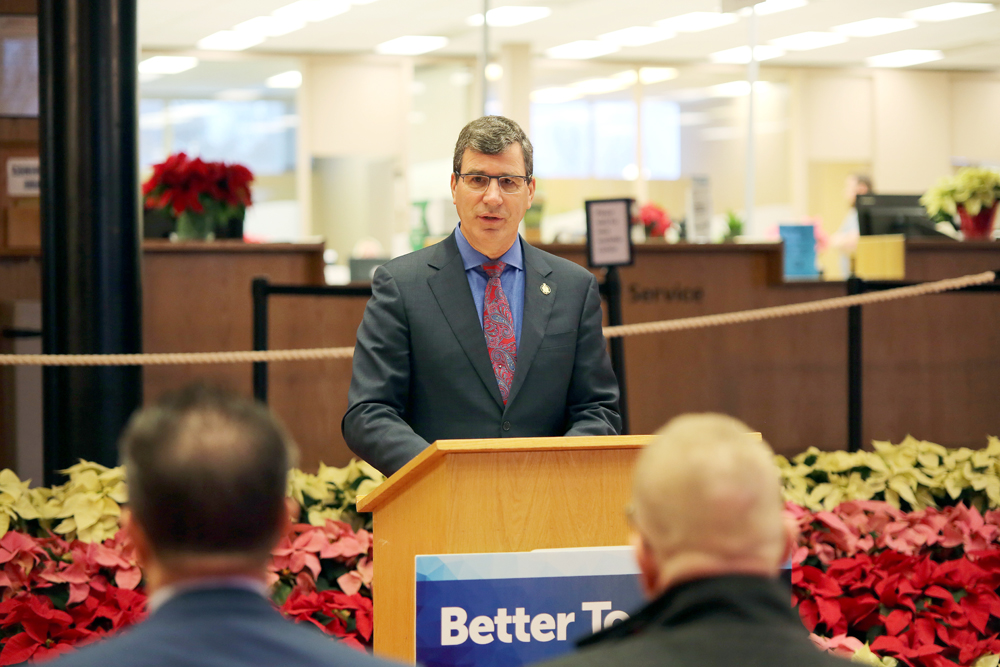 Brandon West Progressive Conservative MLA Reg Helwer speaks at Brandon City Hall on Friday ahead of new whisteblower protections coming into effect Saturday. (Michael Lee/The Brandon Sun)