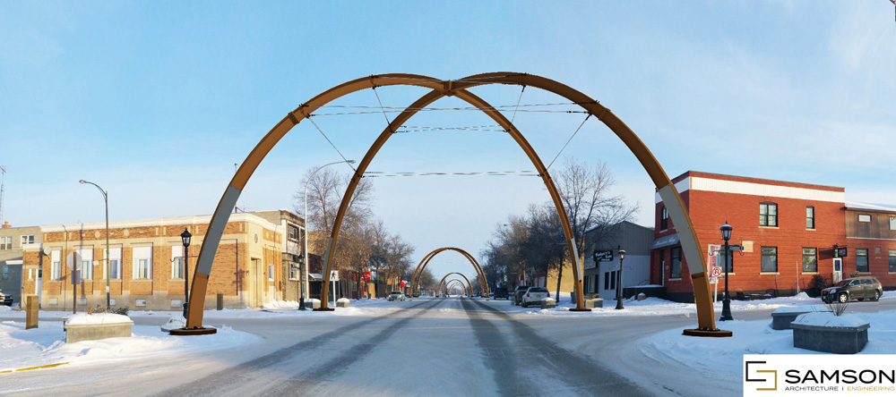 An engineers' rendering shows Russell's new steel arches spanning the width of the town's Main Street. (Submitted)