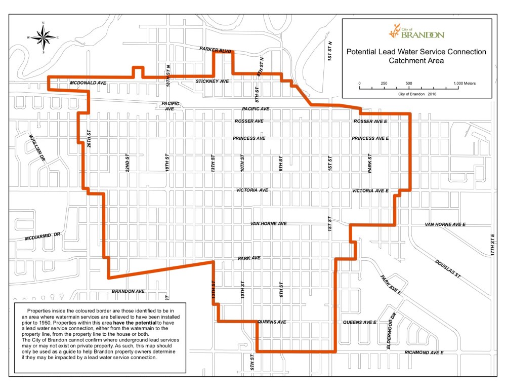 A 2016 map from the City of Brandon showing the area of the city where homes could have a lead water service connector. (Submitted)