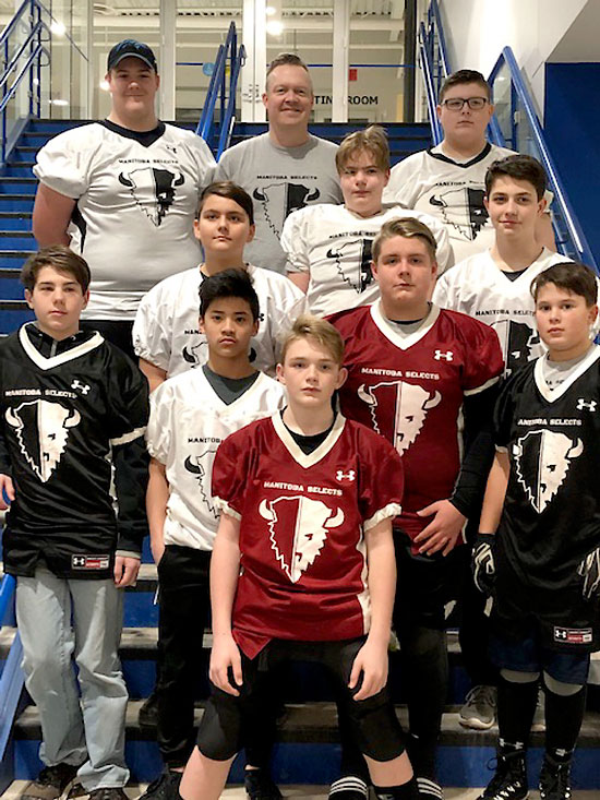Submitted
The Westmanites who represent Manitoba at the International Pigskin Classic in San Antonio, Texas in February. From left to right: (back row) Brett Clements, Coach Michael Blatherwick, Carter Moore; (middle row) Colton Armstrong, Carter Hayward, Josh Atchison; and (front row) Blake Dunn, Aaron Pasaporte, Myles Blatherwick, Justin Sharp, Finn Abel.