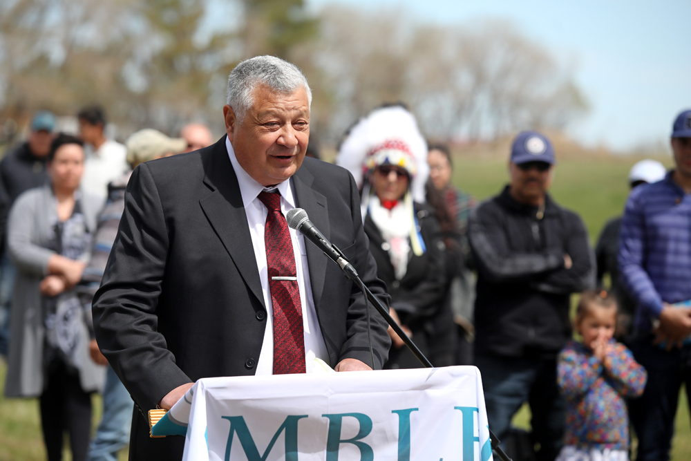 Gambler First Nation Chief David LeDoux speaks during the groundbreaking ceremony for the First Nation's urban reserve on 18th Street North in Brandon on Friday.  (Tim Smith/The Brandon Sun)