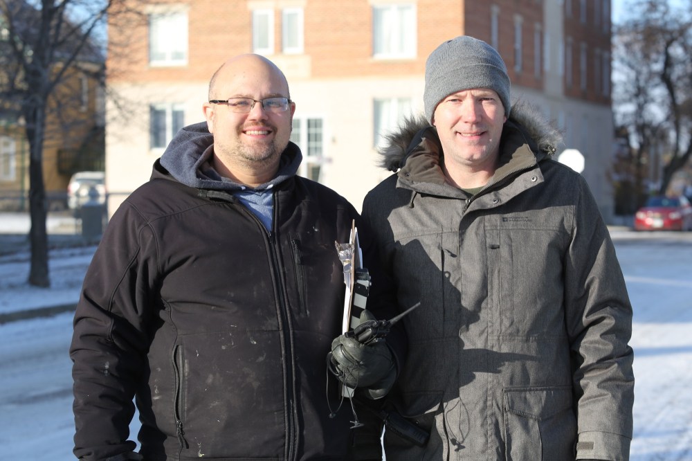 Kyle Darbyson/The Brandon Sun
Brandon-based filmmakers Miles Crossman and Nate Bower pose for a photo after wrapping up a scene for their latest short film, 