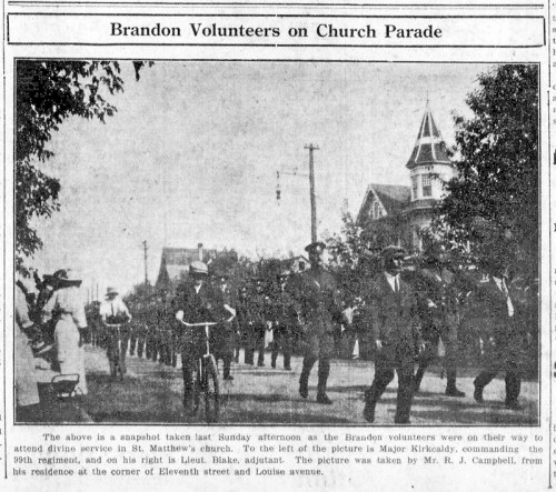 File photo
Photos from the Brandon Daily Sun in mid-August 1914 show some of the patriotic fervour that gripped the city after war was declared. Above, military volunteers march to a final city church service on Sunday, Aug. 16, 1914, prior to their departure for the front.