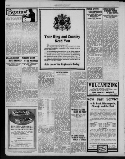 File
Large recruitment ads for military service were a common feature in the pages of the Brandon Daily Sun during the latter half of 1914.