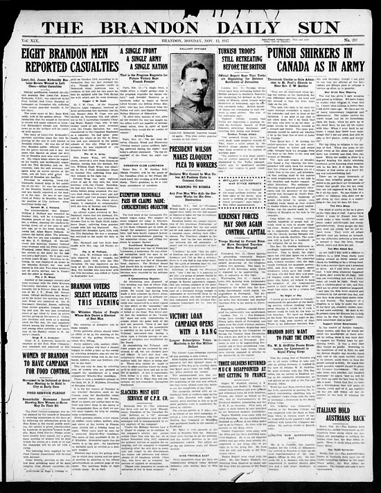 The front page of The Brandon Daily Sun from Nov. 12, 1917.