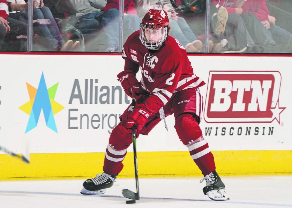 Virden’s Wyatt Kalynuk, shown in action with the University of Wisconsin Badgers, will turn pro next season instead of returning for his senior year in college after signing with the NHL’s Chicago Blackhawks. (Greg Anderson/UW Athletics)