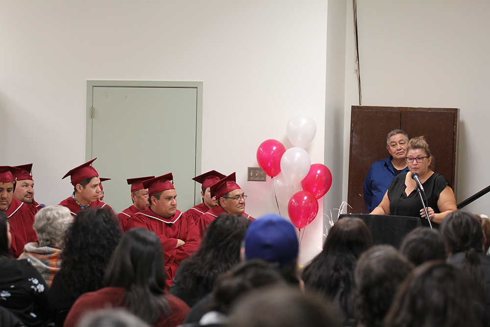 Frances Chartrand, vice-president of the Northwest Métis Council speaks to the graduation class of the year-long Applied Plumbing Installation program at Assiniboine Community College’s Parkland Campus in Dauphin Feb. 21. The graduates are, in no particular, Clarence Catcheway and Wyatt Nepinak of Skownan First Nation, Shaquille Houle of Ebb and Flow First Nation, Dakota Ironstand-Nelson, Kennedy Ironstand and Clarence (Charlie) McKay of Tootinaowaziibeeng Treaty Reserve, Wesley Pelletier of Duck Bay, Ron Spence of Eddystone, as well as Neil Desjarlais of Ebb and Flow First Nation who received his Mature Student High School Diploma. (Submitted)