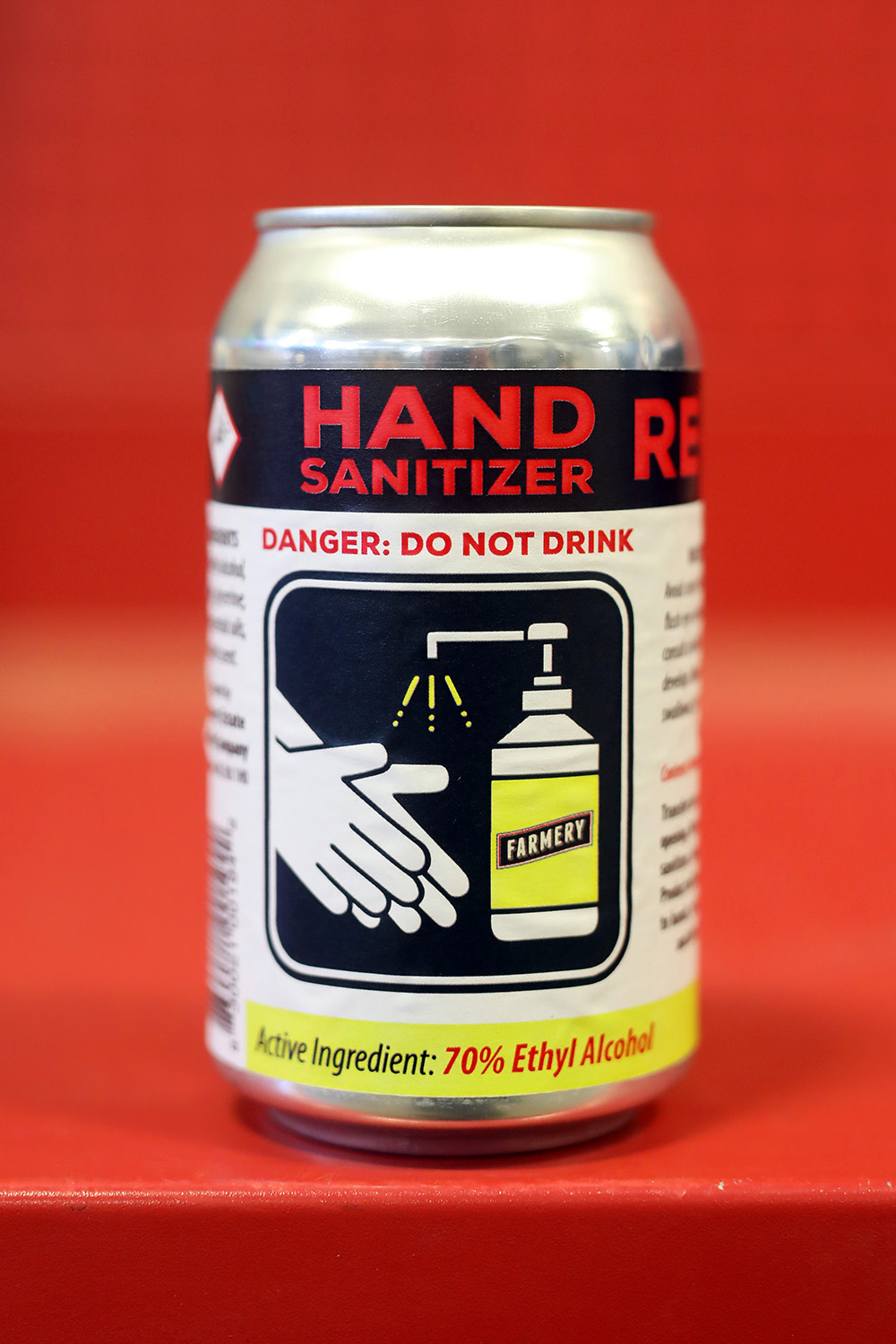A can of hand sanitizer made at Farmery Estate Brewery in Neepawa. (Tim Smith/The Brandon Sun)
