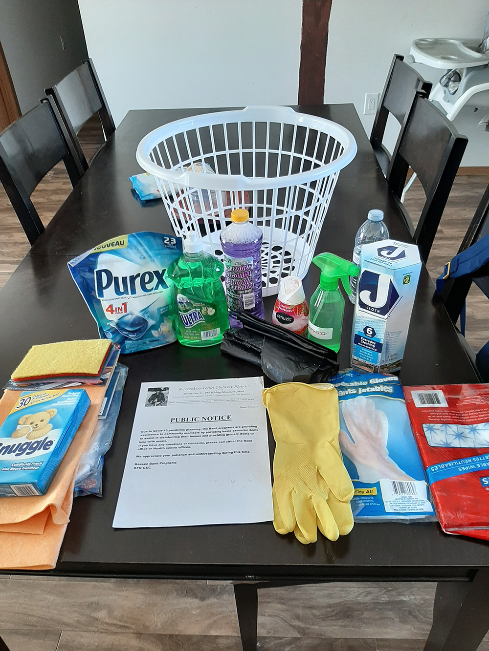 Sixty baskets of supplies, based on a list from Health Canada, have so far been delivered at Keeseekoowenin Ojibway First Nation. (Photo courtesy Ryan Catcheway)