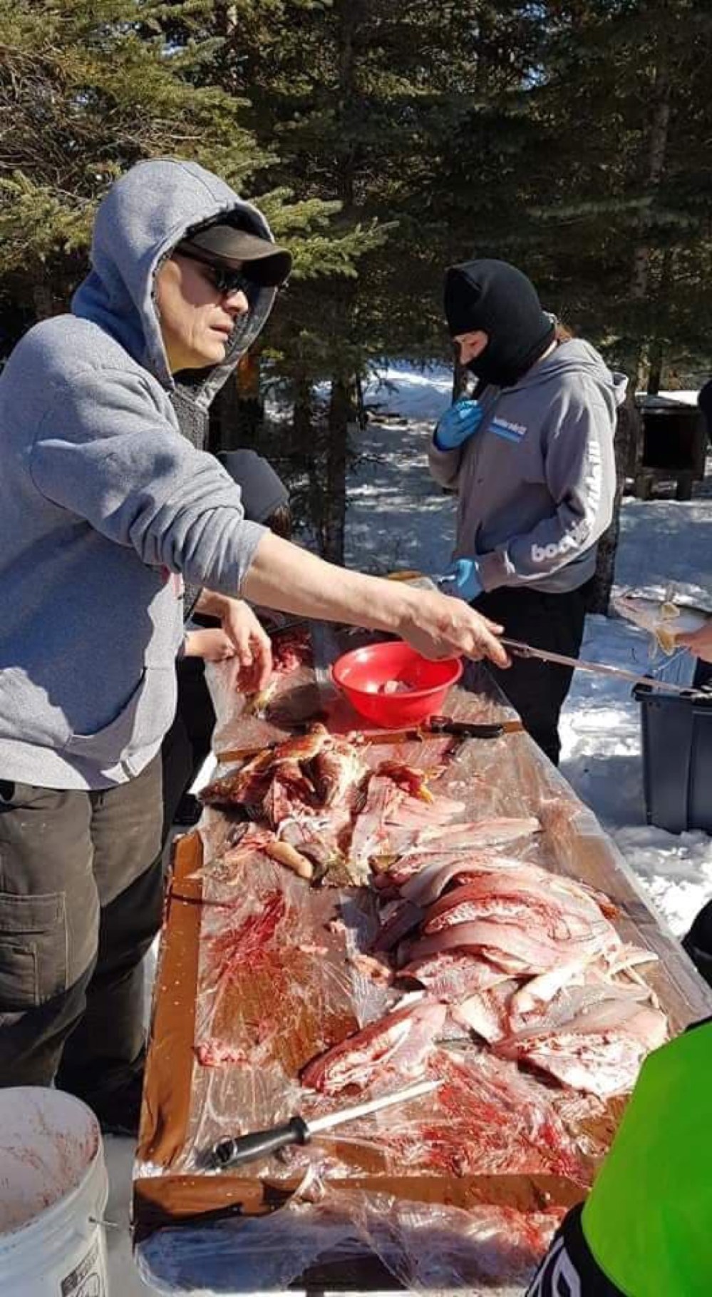 Photo courtesy Ryan Catcheway
Frank LaForge and his daughter Lexi LaForge help out with fileting Clear Lake pickerel to share with elders at Keeseekoowenin Ojibway First Nation late last week.