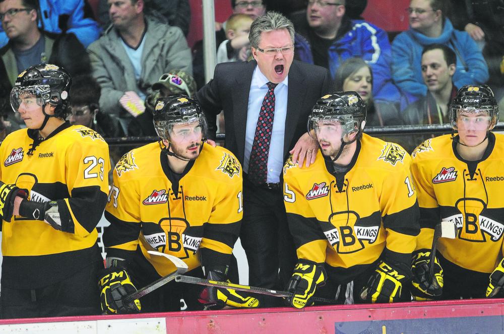 Tim Smith/Brandon Sun
Kelly McCrimmon yells at referees in 2015 on the night he earned his 364th career win as a coach to move into first place in franchise history.
