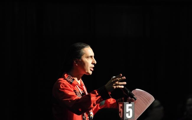 Arlen Dumas, grand chief of the Manitoba Assembly of Chiefs, speaks during the Assembly of First Nations annual general meeting in Regina on July 27, 2017. THE CANADIAN PRESS/Mark Taylor