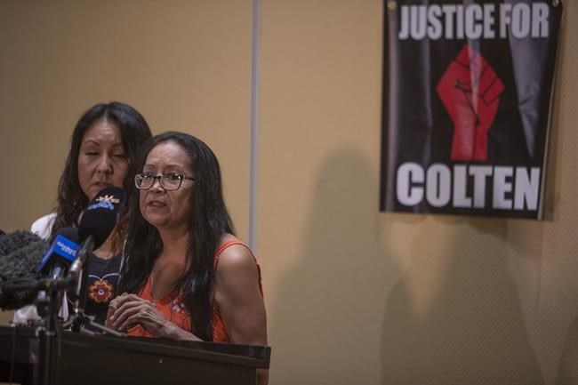 Mother of Colten Boushie, Debbie Baptiste, speaks during an event to commemorate the anniversary of the death of Colten Boushie at Dakota Dunes Resort Hotel on the Whitecap Dakota First Nation, near Whitecap, Sask., Thursday, Aug. 9, 2021. THE CANADIAN PRESS/Kayle Neis