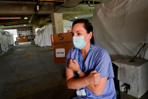 Kelly Sites, a nurse and team leader with the Samaritan's Purse International Relief medical team in Jackson, Miss., recalls the look of fear she has seen on the faces of some patients she has worked with, Wednesday, Aug. 25, 2021. Sites has been deployed on 22 medical missions in 12 years with the nondenominational evangelical Christian organization that provides spiritual and medical aid internationally and domestically. (AP Photo/Rogelio V. Solis)