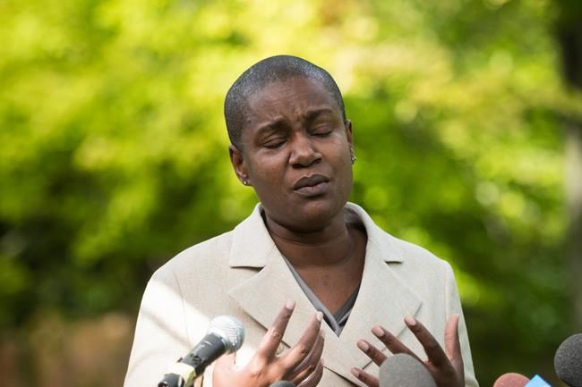 Annamie Paul is photographed during a press conference announcing she is officially stepping down as Green Party leader, at Suydam Park in Toronto on Monday, September 27, 2021. THE CANADIAN PRESS/ Tijana Martin