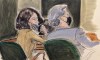 In this courtroom sketch, Ghislaine Maxwell, left, pulls down her mask to talk to one of her lawyers, Jeffrey Pagliuca, during Maxwell's sex trafficking trial, Monday, Dec. 27, 2021, in New York. (AP Photo/Elizabeth Williams)