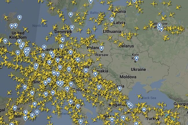 A screenshot made available by Flightradar24.com that shows the clear airspace over Ukraine on Thursday Feb. 24, 2022 not long after Russian troops launched their anticipated attack on Ukraine.(Flightradar24.com via AP)