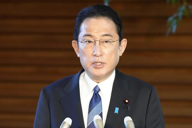 Japanese Prime Minister Fumio Kishida speaks to reporters on the current situation in Ukraine, at his official residence in Tokyo Thursday, Feb. 24, 2022. World leaders reacted Thursday to Russian President Vladimir Putin’s announcement of military action in Ukraine with outrage and vows to both tighten sanctions and hold the Kremlin accountable. (Sadayuki Goto/Kyodo News via AP)