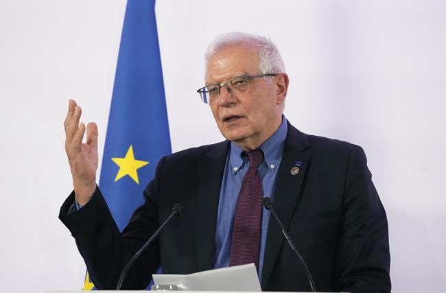 European Union foreign policy chief Josep Borrell speaks during a media conference after a meeting and telephone call with other G7 ministers at Quai d'Orsay foreign ministry, in Paris, France, Tuesday, Feb. 22, 2022. World leaders are getting over the shock of Russian President Vladimir Putin ordering his forces into separatist regions of Ukraine and they are focusing on producing as forceful a reaction as possible. Germany made the first big move Tuesday and took steps to halt the process of certifying the Nord Stream 2 gas pipeline from Russia. (AP Photo/Michel Euler)