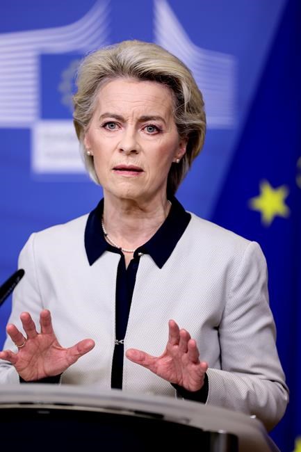 European Commission President Ursula von der Leyen speaks during a press statement on Ukraine, at EU headquarters in Brussels, Thursday, Feb 24, 2022. Russian troops launched a wide-ranging attack on Ukraine on Thursday, as President Vladimir Putin cast aside international condemnation and sanctions and warned other countries that any attempt to interfere would lead to