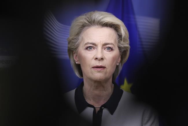 European Commission President Ursula von der Leyen, speaks during a press statement on Ukraine, at EU headquarters in Brussels, Thursday, Feb 24, 2022. Russian troops launched a wide-ranging attack on Ukraine on Thursday, as President Vladimir Putin cast aside international condemnation and sanctions and warned other countries that any attempt to interfere would lead to