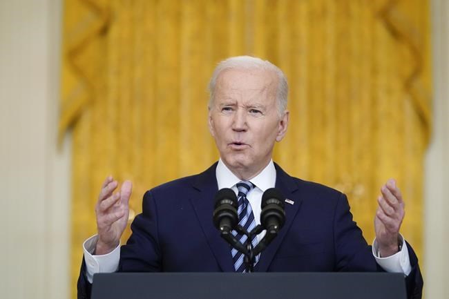 President Joe Biden speaks about the Russian invasion of Ukraine in the East Room of the White House, Thursday, Feb. 24, 2022, in Washington. (AP Photo/Alex Brandon)